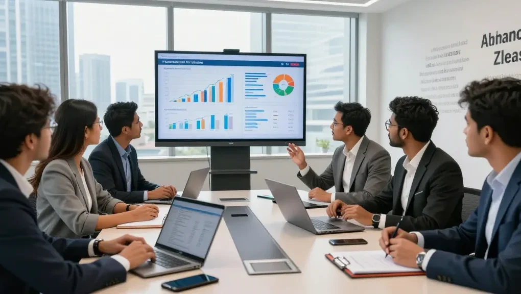 Diverse journalists collaborating on India economic trends at https://www.theindaily.com in a modern conference room