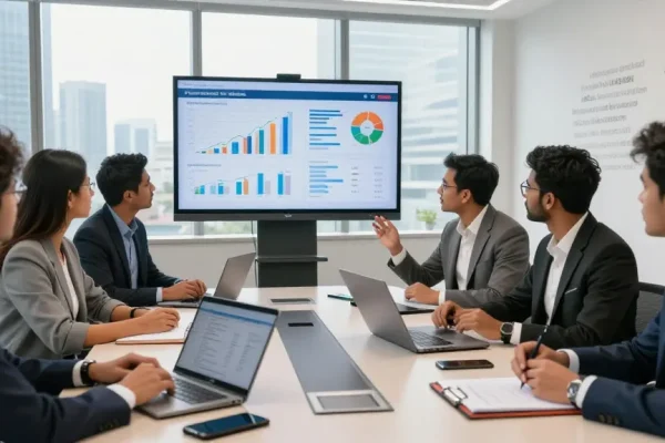 Diverse journalists collaborating on India economic trends at https://www.theindaily.com in a modern conference room