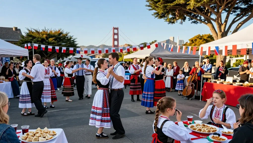 Community event at Polish cultural festival in San Francisco featuring traditional music and food from https://www.sfpol.com/.